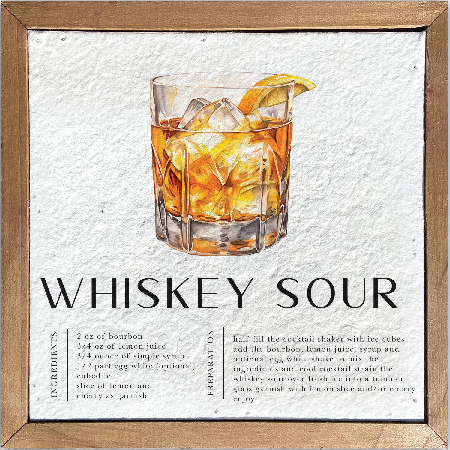 Whiskey Sour Recipe // 6x6 Pulp Paper Wall Décor